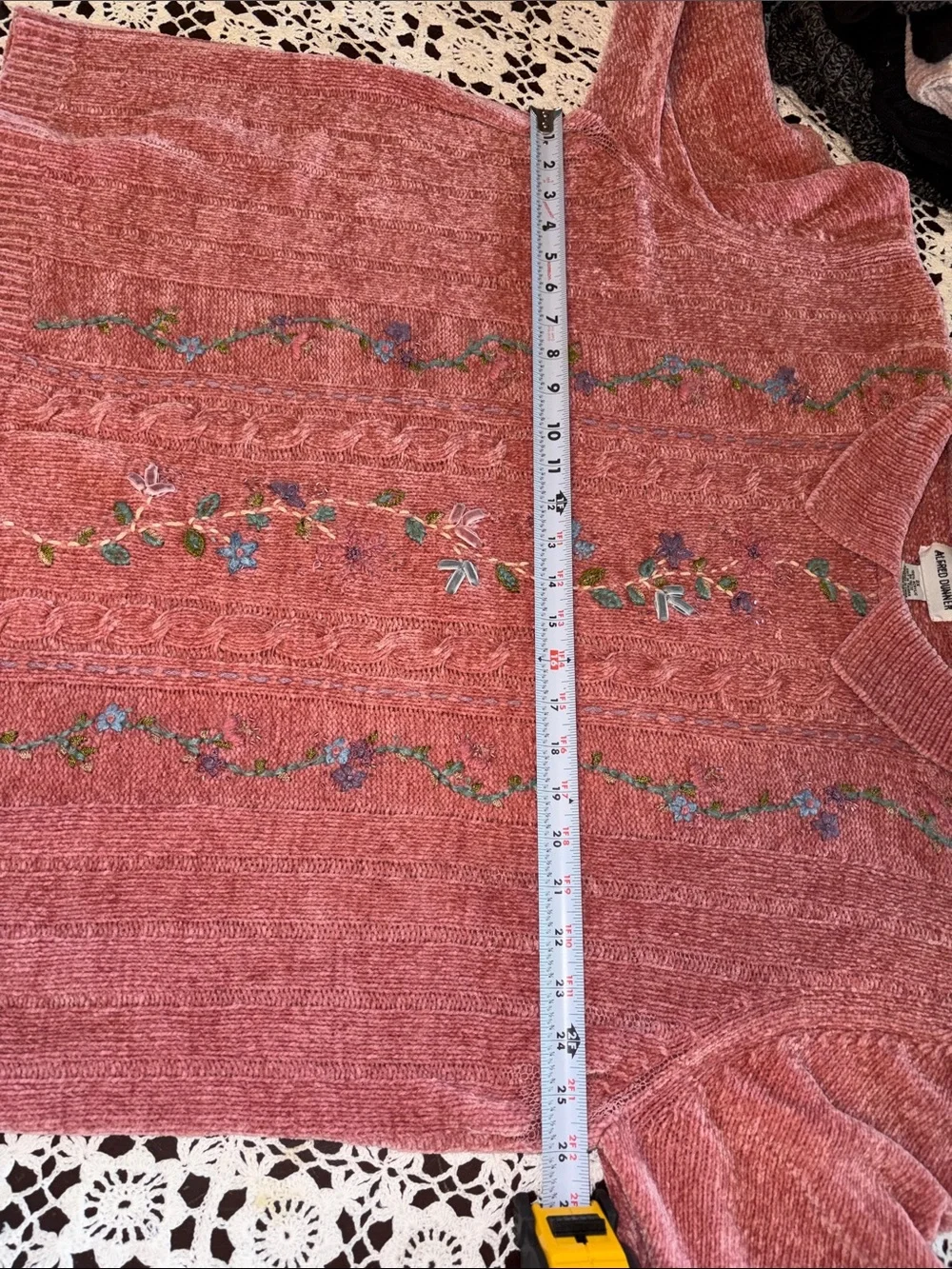 Alfred Dunner Rose Pink Cable-Knit Sweater with Floral Embroidery